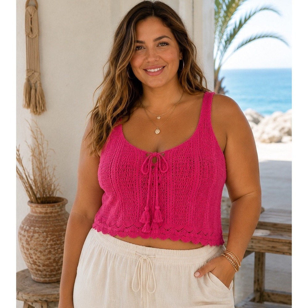 Old Navy XL Hot Pink Crochet Knit Tank Top Boho Lace Up Scallop Hem Cropped